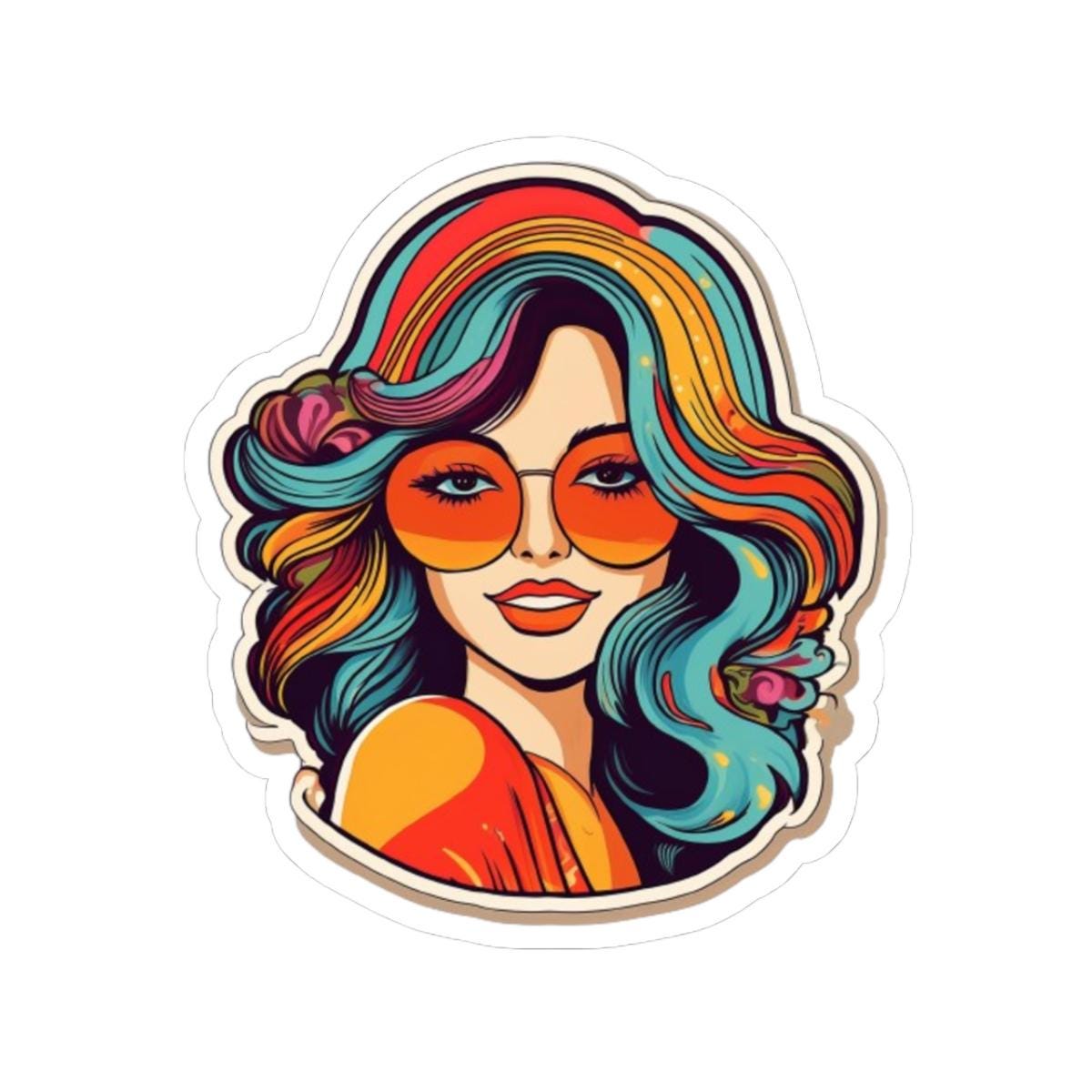 ColorFlow | Groovy Retro Woman Sticker with Colorful Hippie Hair and Sunglasses