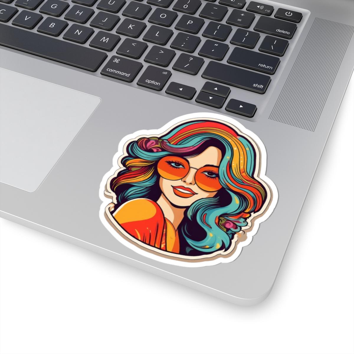 ColorFlow | Groovy Retro Woman Sticker with Colorful Hippie Hair and Sunglasses