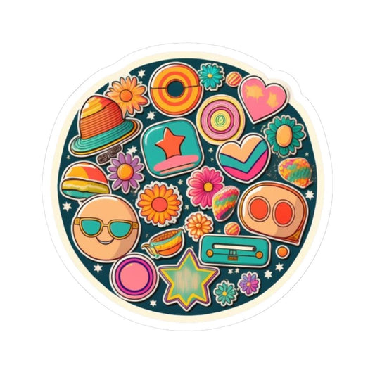 Retro Sticker Collage: 70s Groovy Vibes - Planets, Flowers, Cassette