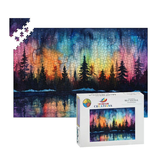 ColorFlow | Aurora Forest Wooden Puzzle 1000pc | Northern Lights Art Jigsaw