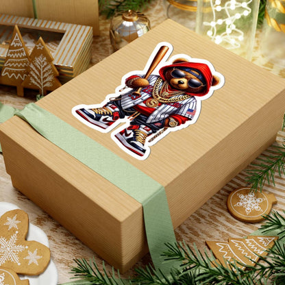 Red Hoodie Baseball Bear Sticker: Urban Hip Hop Teddy Art