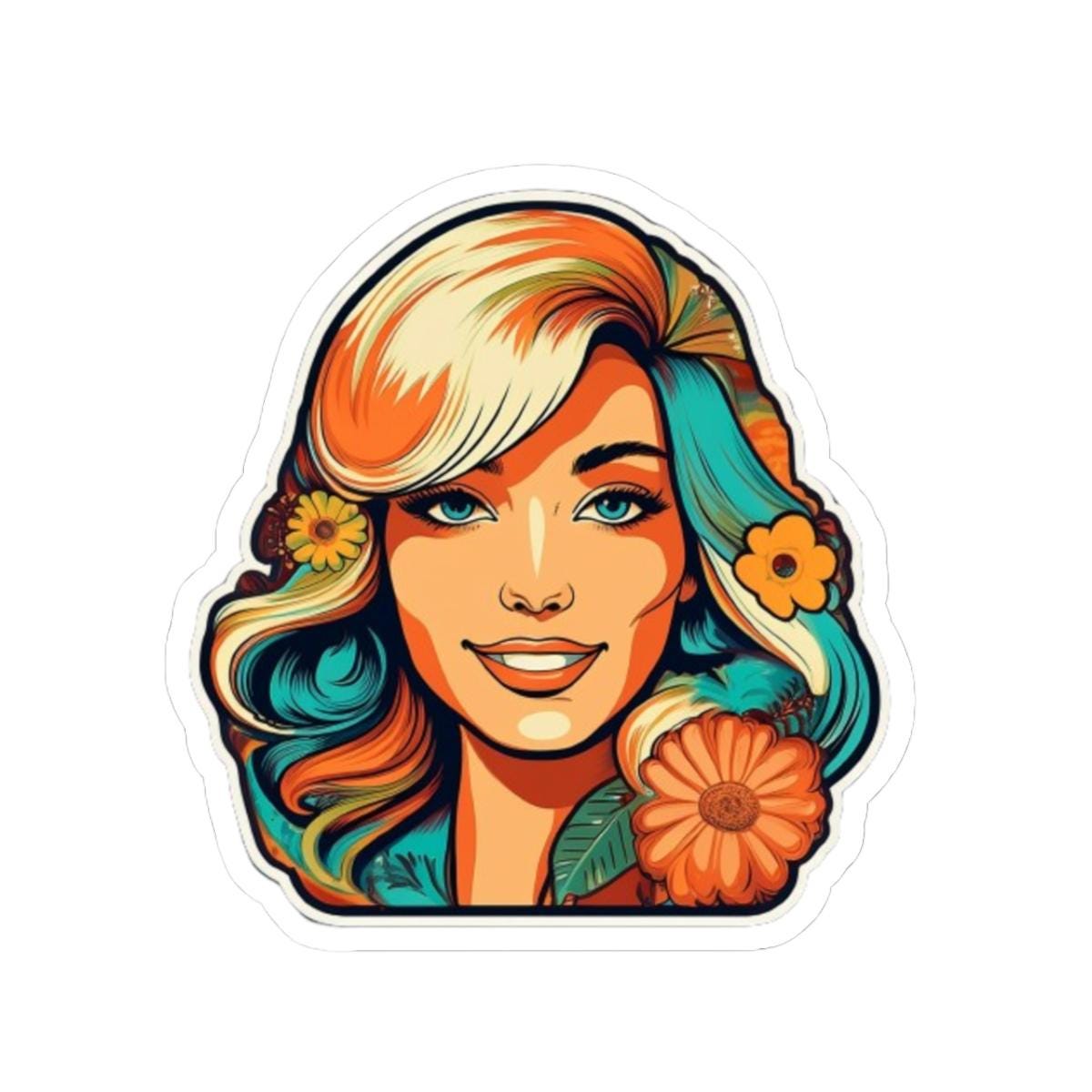 ColorFlow | Retro Flower Power Woman Sticker with Teal and Orange Hair