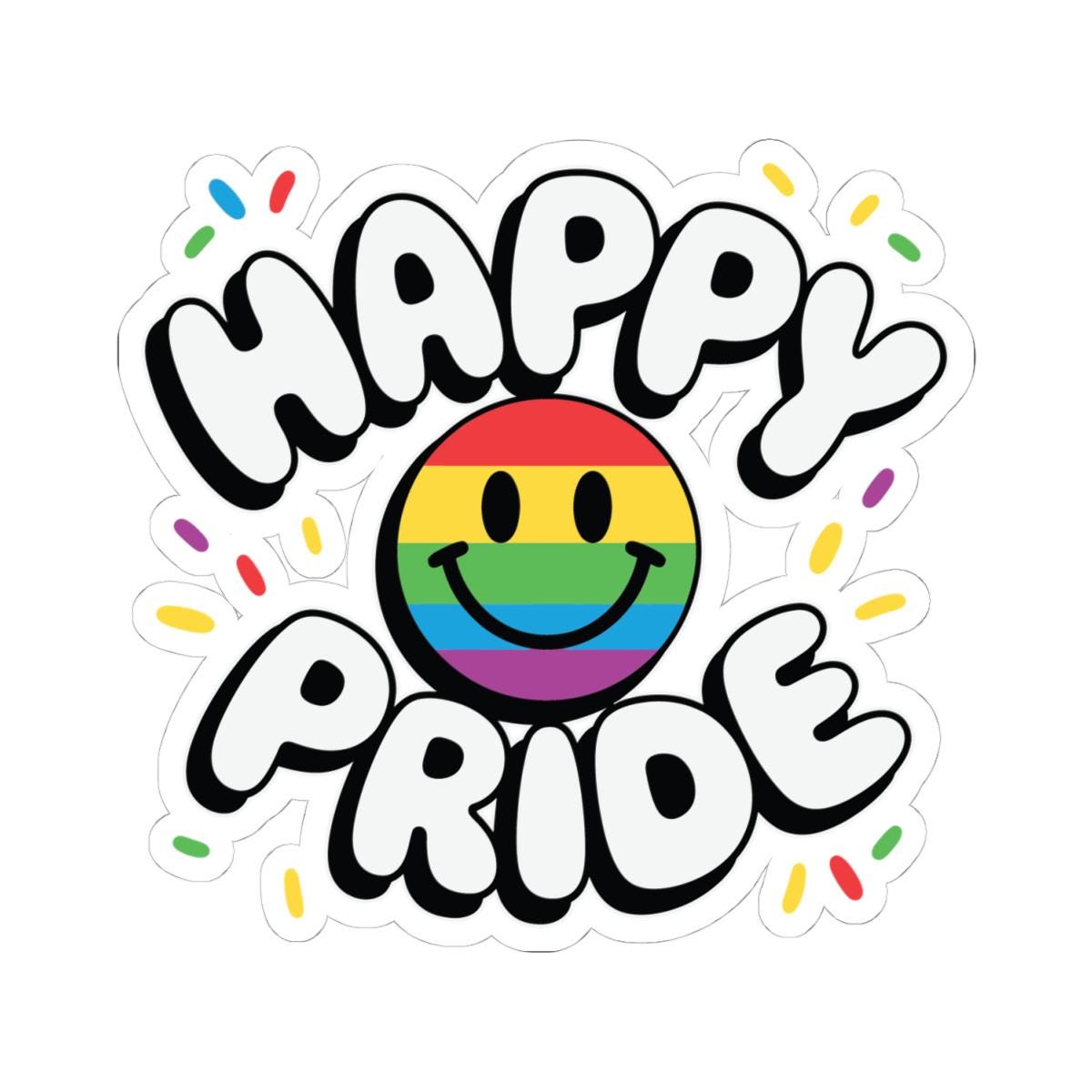 Happy Pride Smiley Sticker: Rainbow LGBTQ Vinyl Confetti Decor
