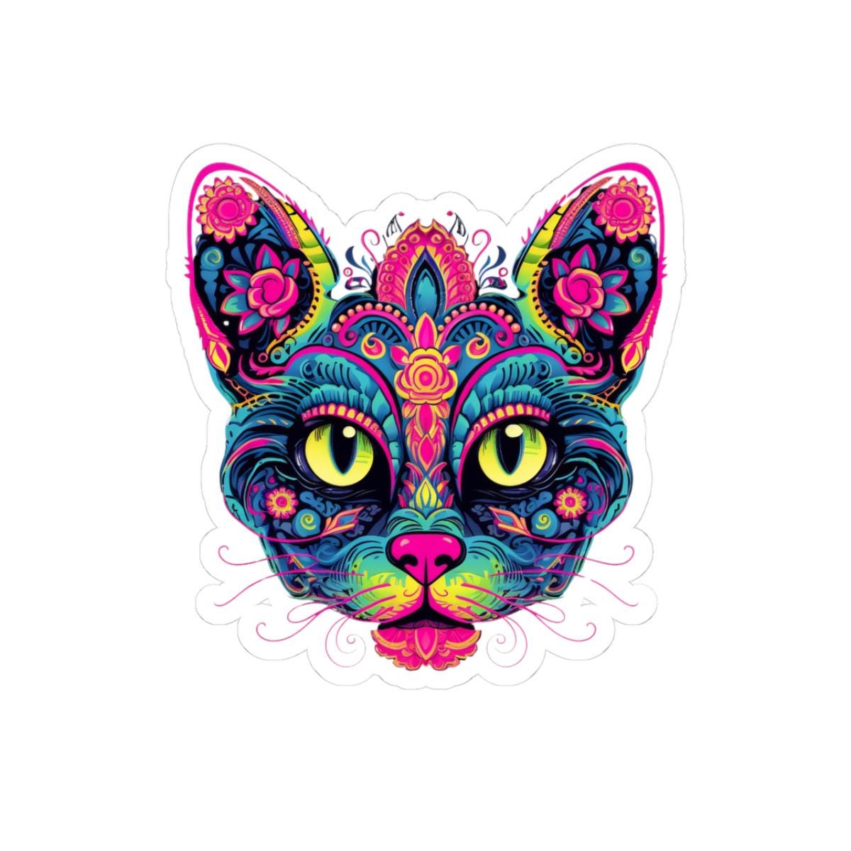 Psychedelic Cat Sticker: Floral Trippy Boho Vinyl Decal