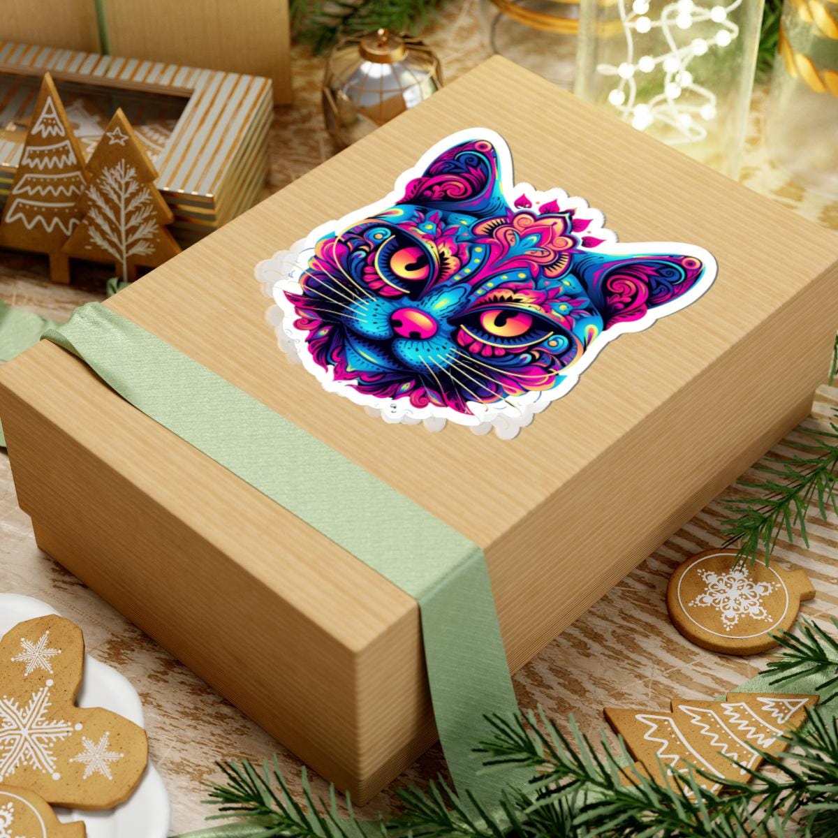 Psychedelic Cat Sticker: Neon Rainbow Trippy Feline Art