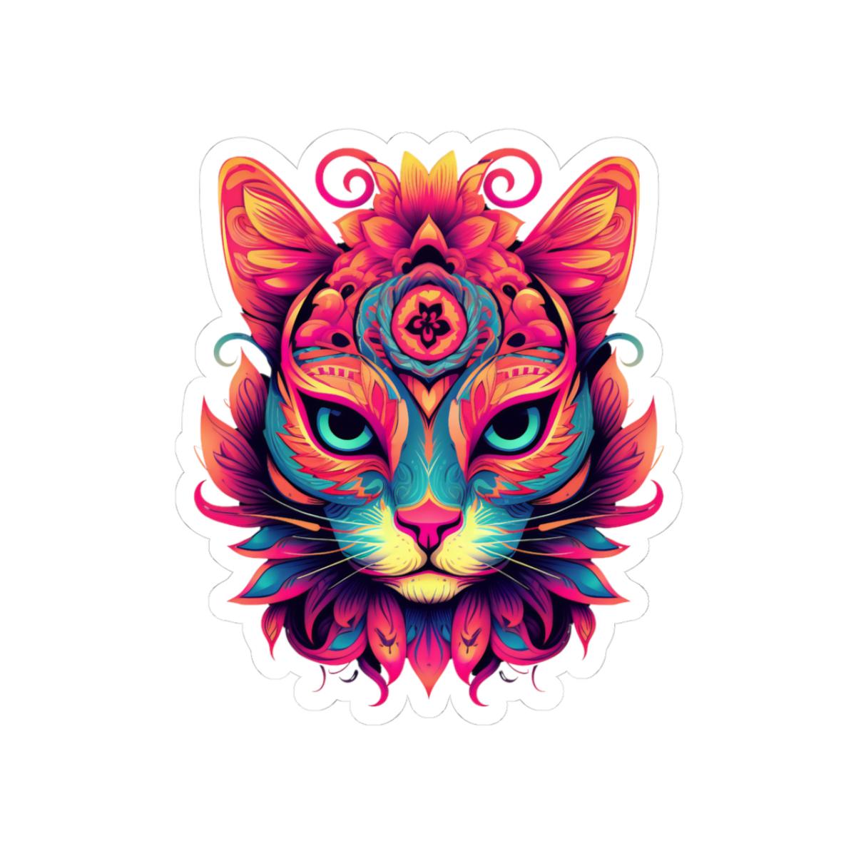 Psychedelic Cat Sticker: Vibrant Floral Trippy Vinyl Decal