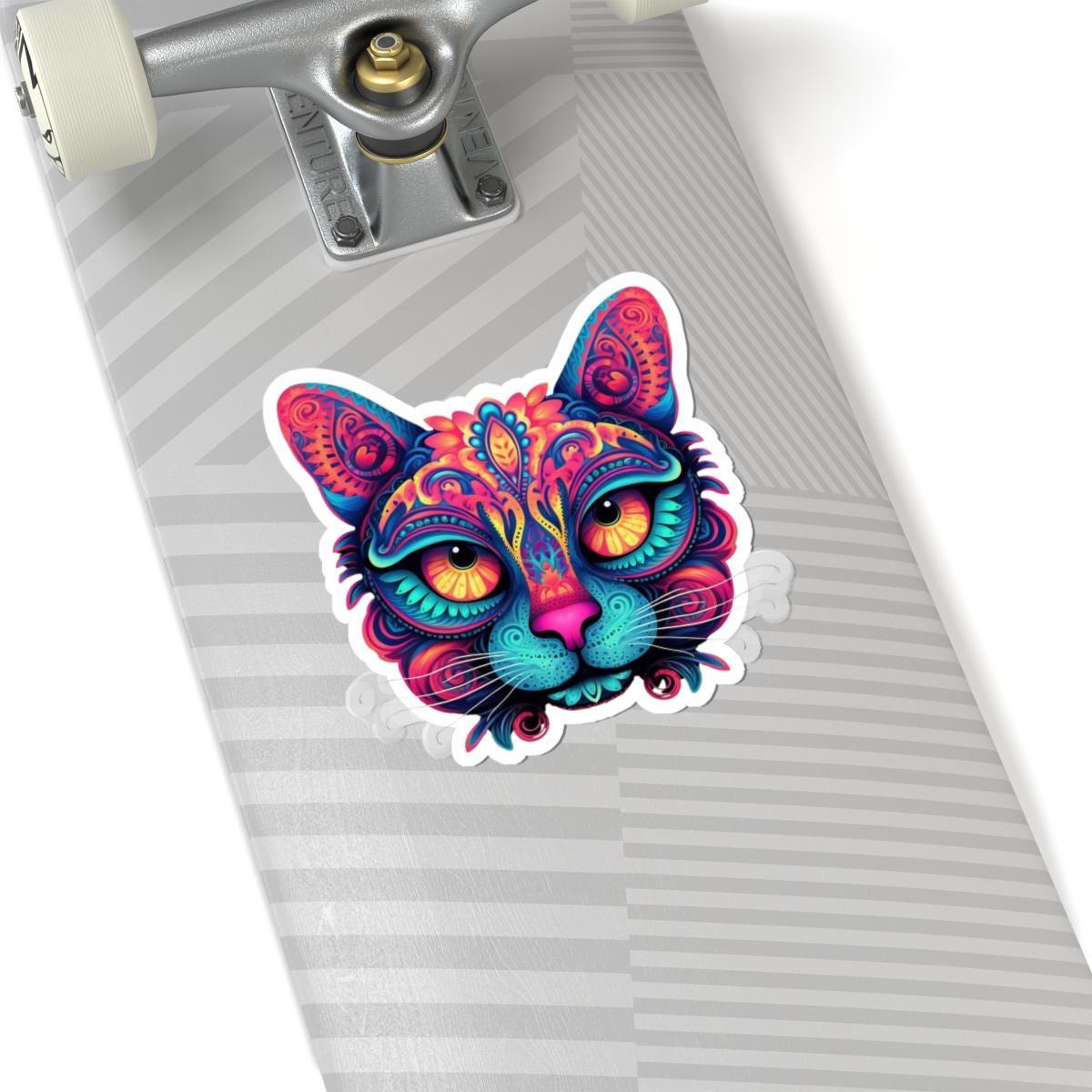 Trippy Cat Sticker: Neon Floral Psychedelic Vinyl Decal