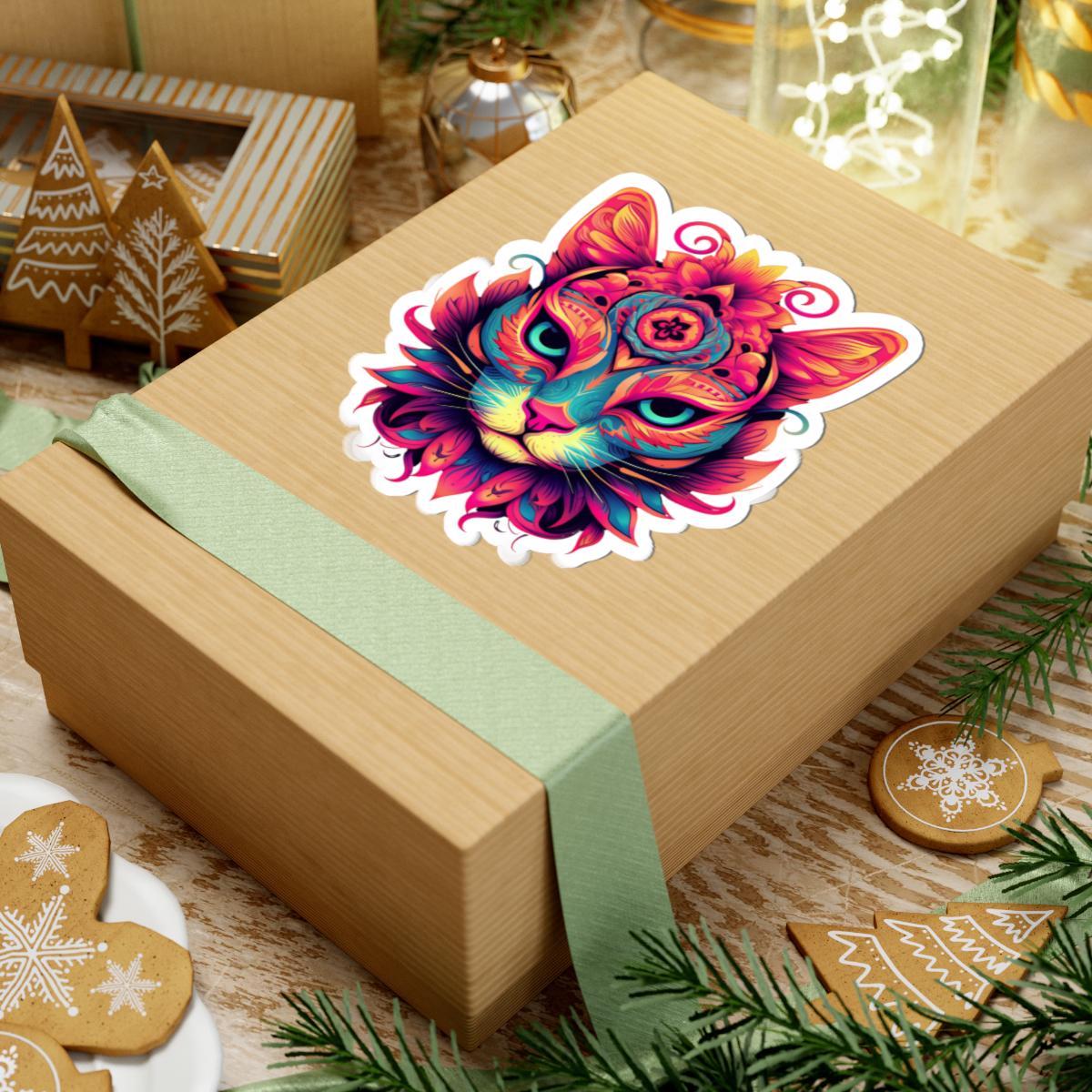 Psychedelic Cat Sticker: Vibrant Floral Trippy Vinyl Decal