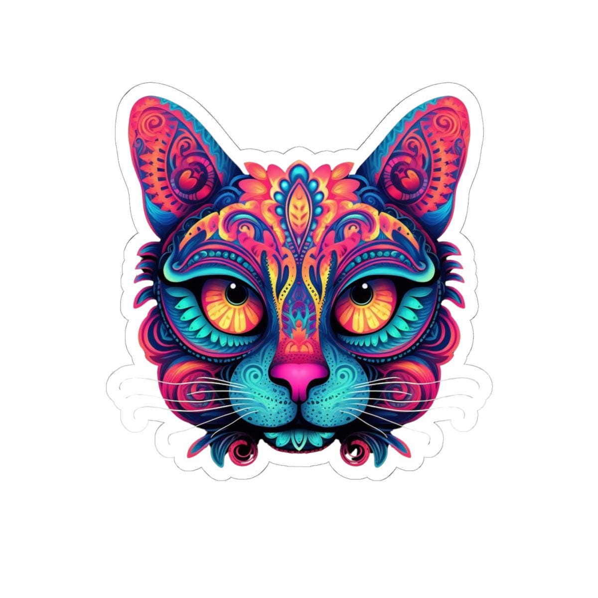 Trippy Cat Sticker: Neon Floral Psychedelic Vinyl Decal