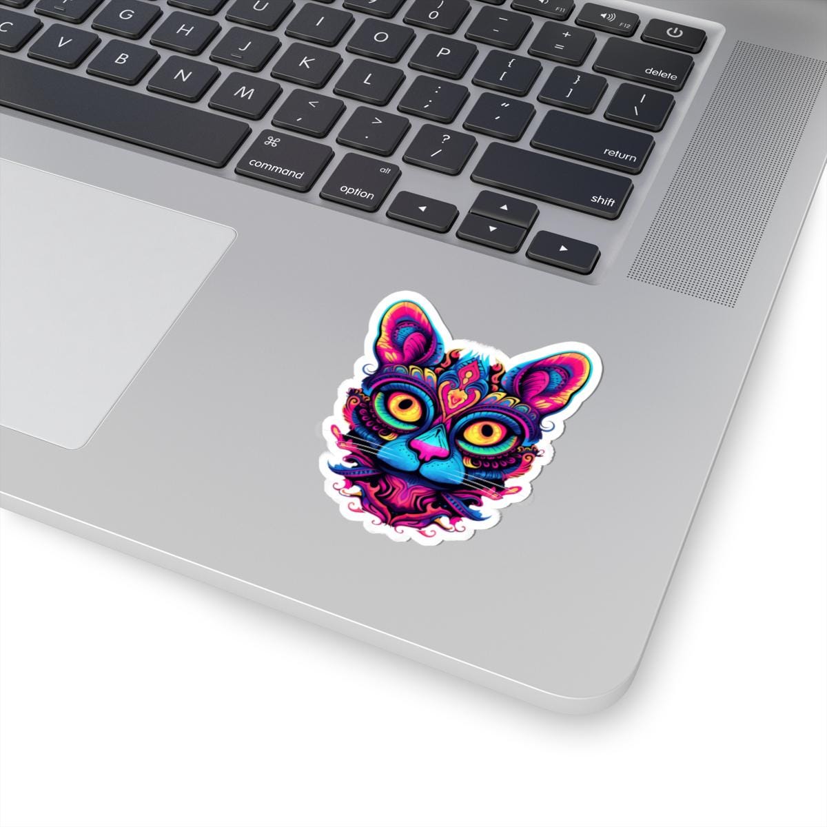 Psychedelic Cat Sticker: Neon Mandala Art, Rainbow Vinyl Decal