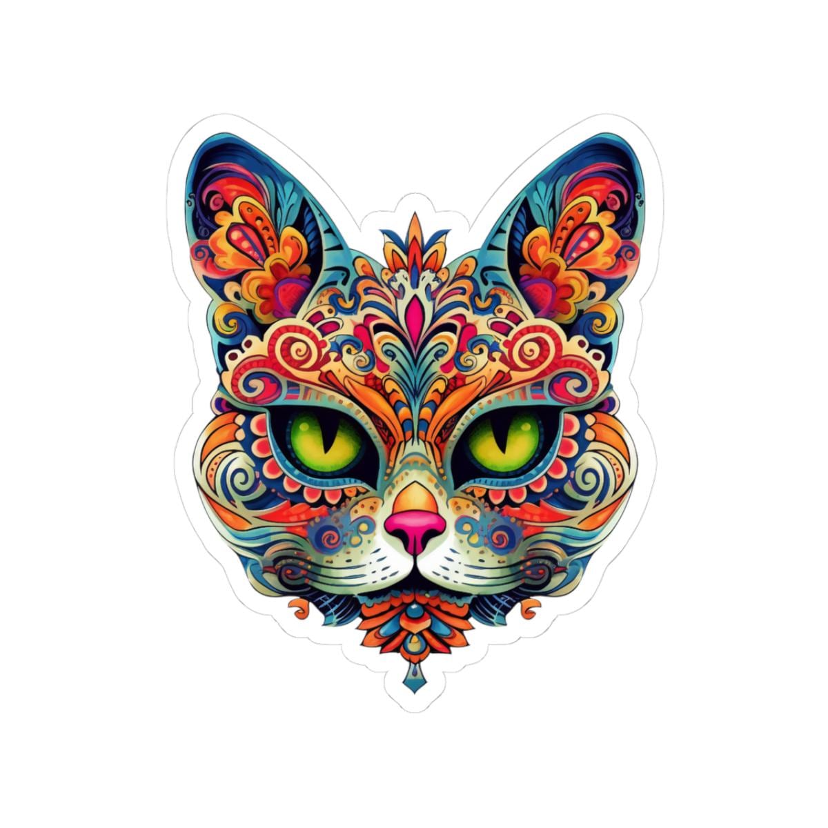 Psychedelic Mandala Cat Sticker: Vibrant Floral Trippy Vinyl Decal