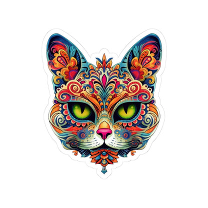 Psychedelic Mandala Cat Sticker: Vibrant Floral Trippy Vinyl Decal