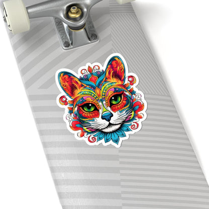 Psychedelic Cat Sticker: Mandala Floral Design, Vibrant Vinyl Decal