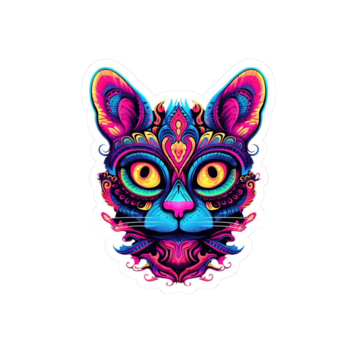 Psychedelic Cat Sticker: Neon Mandala Art, Rainbow Vinyl Decal