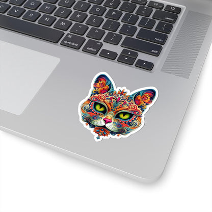 Psychedelic Mandala Cat Sticker: Vibrant Floral Trippy Vinyl Decal
