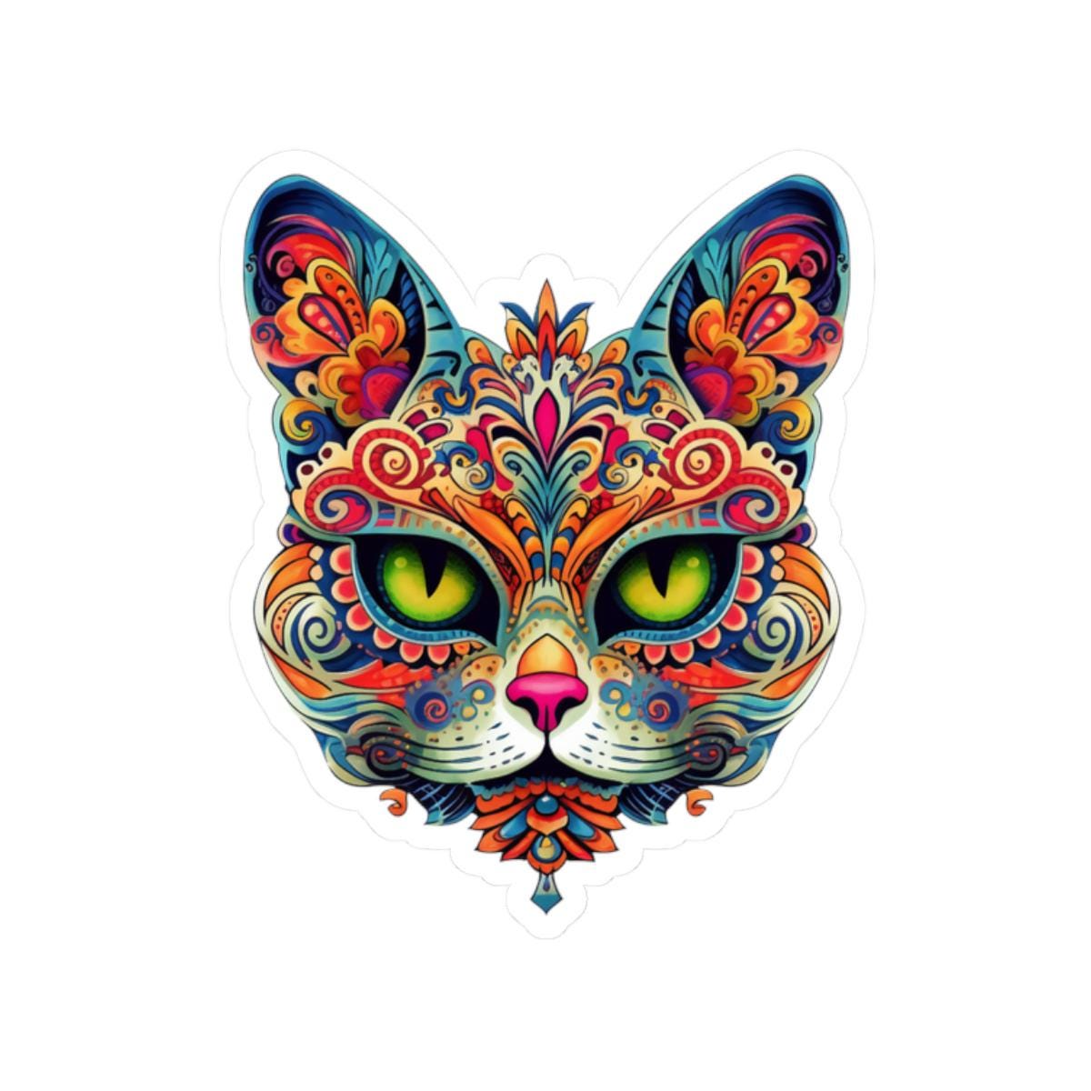 Psychedelic Mandala Cat Sticker: Vibrant Floral Trippy Vinyl Decal