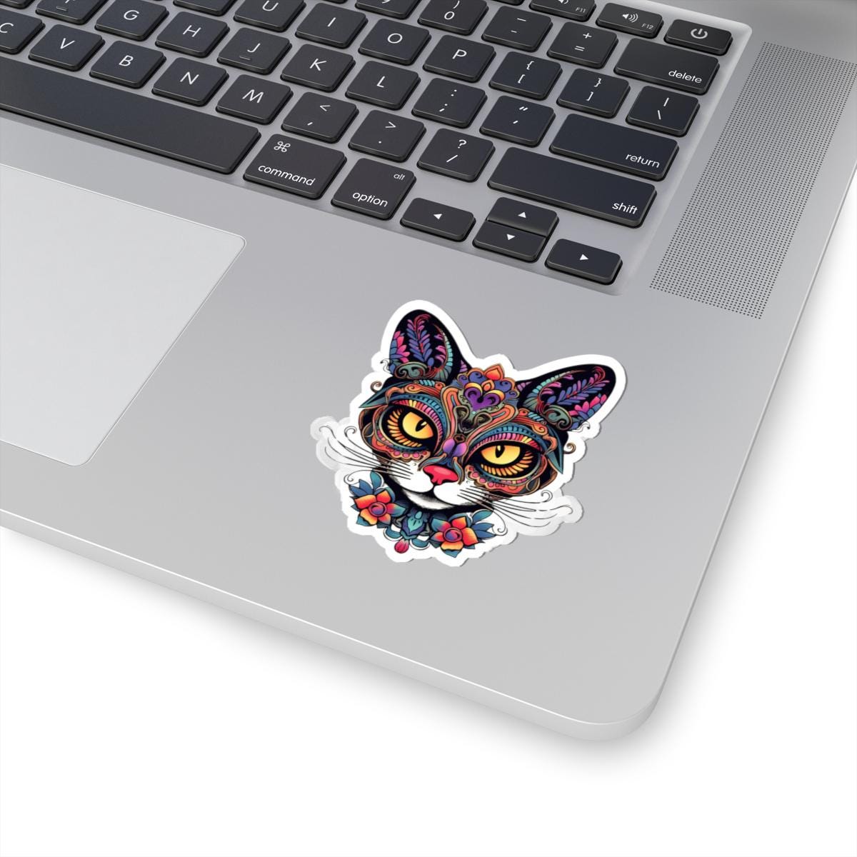 Psychedelic Floral Cat Sticker: Trippy Mandala Vinyl Decal
