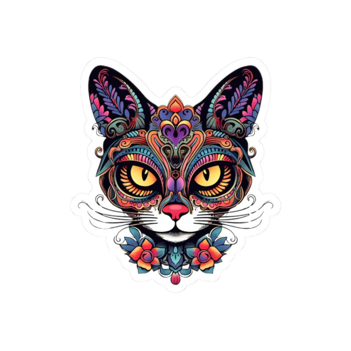 Psychedelic Floral Cat Sticker: Trippy Mandala Vinyl Decal