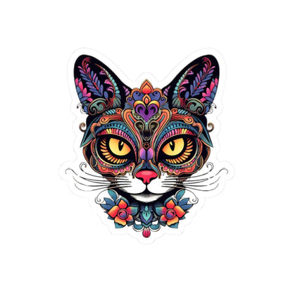 Psychedelic Floral Cat Sticker: Trippy Mandala Vinyl Decal