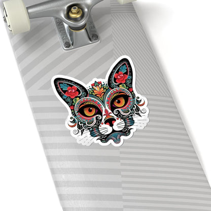 ColorFlow | Sugar Skull Cat Sticker with Floral Rose Ears and Mandala Accents | Day of the Dead Calavera Kitty Vinyl Decal