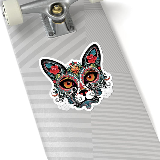 ColorFlow | Sugar Skull Cat Sticker with Floral Rose Ears and Mandala Accents | Day of the Dead Calavera Kitty Vinyl Decal