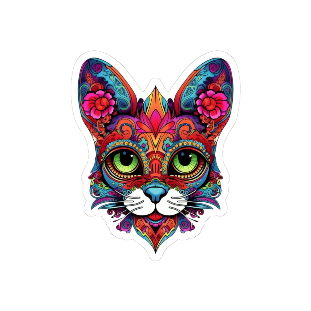 Psychedelic Floral Cat Sticker: Mandala Calavera Decal