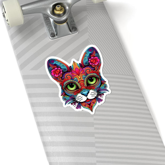 Psychedelic Floral Cat Sticker: Mandala Calavera Decal