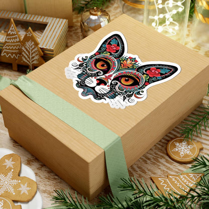 ColorFlow | Sugar Skull Cat Sticker with Floral Rose Ears and Mandala Accents | Day of the Dead Calavera Kitty Vinyl Decal