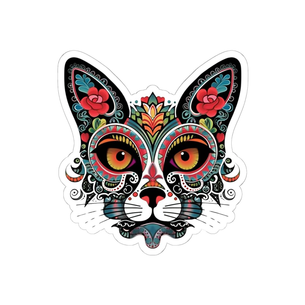 ColorFlow | Sugar Skull Cat Sticker with Floral Rose Ears and Mandala Accents | Day of the Dead Calavera Kitty Vinyl Decal