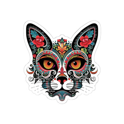 ColorFlow | Sugar Skull Cat Sticker with Floral Rose Ears and Mandala Accents | Day of the Dead Calavera Kitty Vinyl Decal