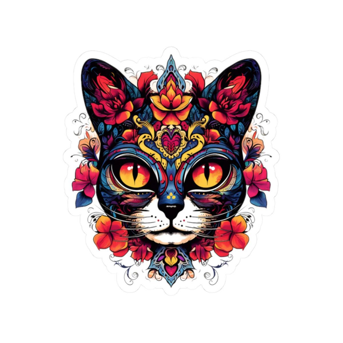 Floral Sugar Skull Cat Sticker: Día de los Muertos Calavera Vinyl Decal