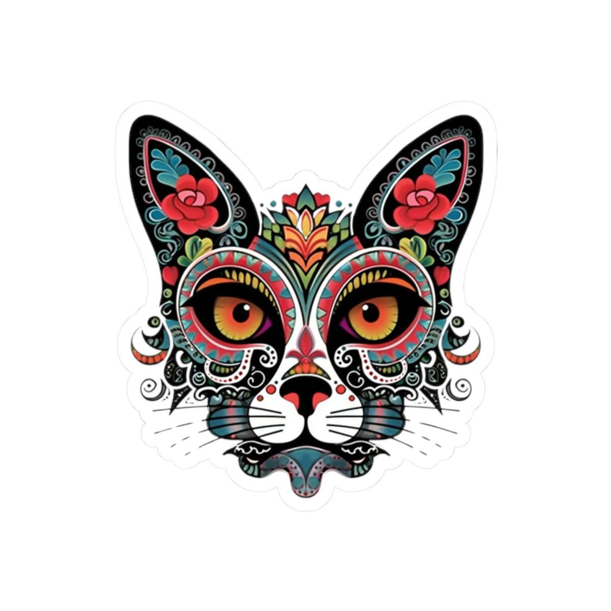 ColorFlow | Sugar Skull Cat Sticker with Floral Rose Ears and Mandala Accents | Day of the Dead Calavera Kitty Vinyl Decal