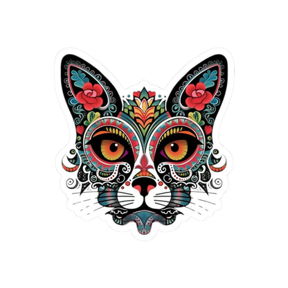 ColorFlow | Sugar Skull Cat Sticker with Floral Rose Ears and Mandala Accents | Day of the Dead Calavera Kitty Vinyl Decal