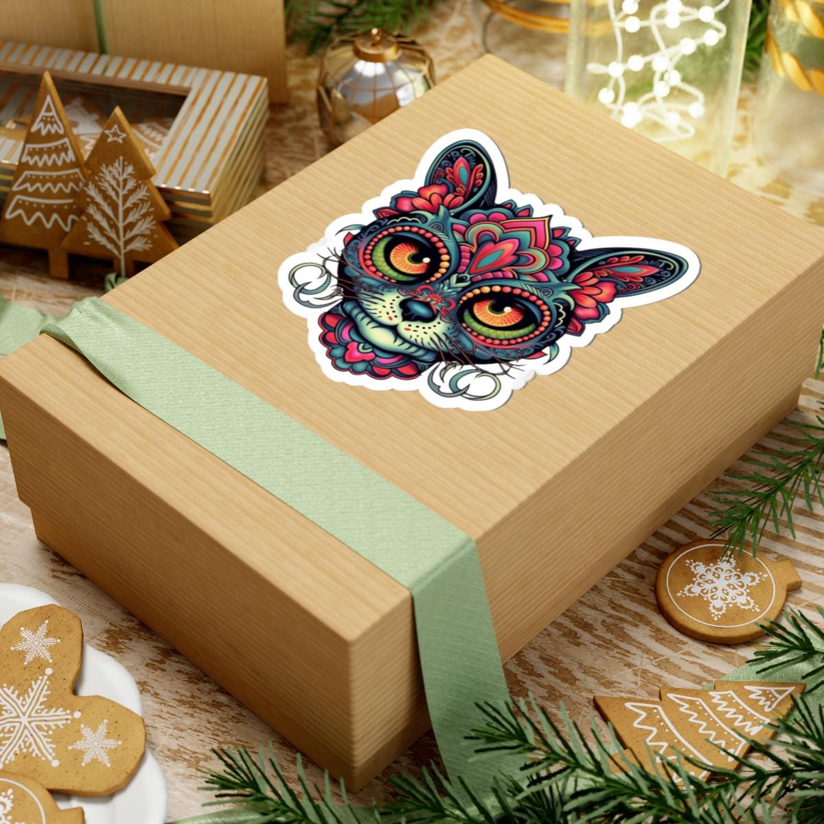 Psychedelic Cat Sticker: Mandala Floral Design, Boho Feline Art