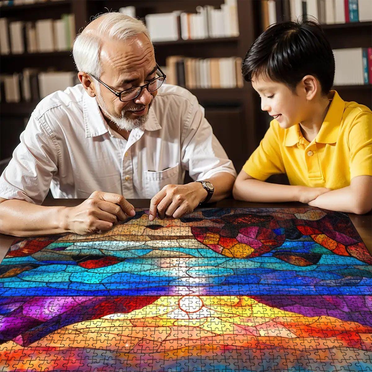Stained Glass Sunset Puzzle:  Wooden Jigsaw Puzzle