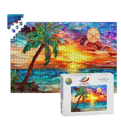 ColorFlow |  Sunset Puzzle Tropical Beach Scene Stained Glass Art Wooden Jigsaw Puzzle for Adults Glossy Premium Gift