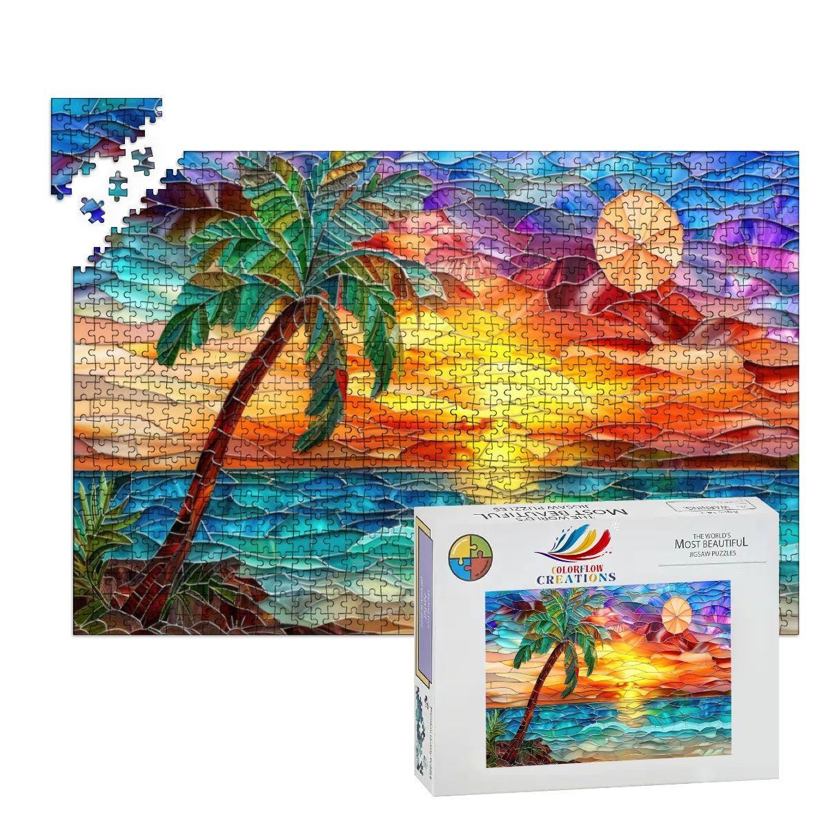 ColorFlow |  Sunset Puzzle Tropical Beach Scene Stained Glass Art Wooden Jigsaw Puzzle for Adults Glossy Premium Gift