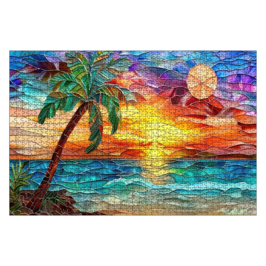 ColorFlow |  Sunset Puzzle Tropical Beach Scene Stained Glass Art Wooden Jigsaw Puzzle for Adults Glossy Premium Gift