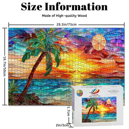 ColorFlow |  Sunset Puzzle Tropical Beach Scene Stained Glass Art Wooden Jigsaw Puzzle for Adults Glossy Premium Gift