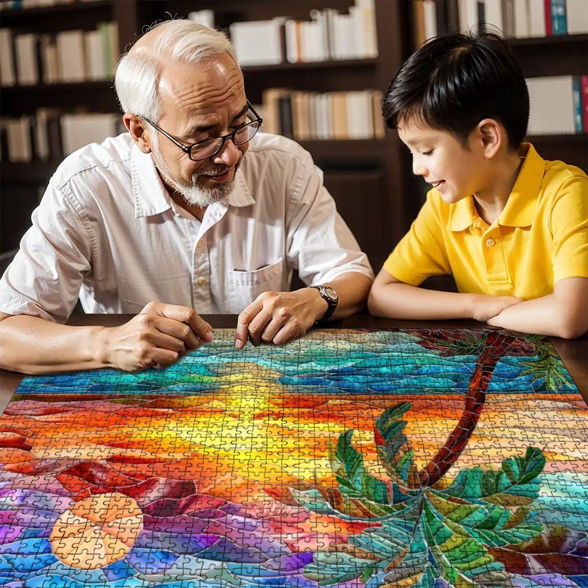 ColorFlow |  Sunset Puzzle Tropical Beach Scene Stained Glass Art Wooden Jigsaw Puzzle for Adults Glossy Premium Gift