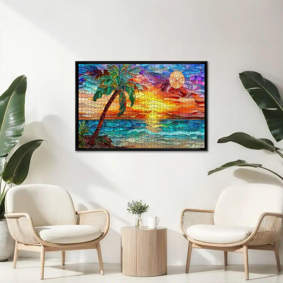 ColorFlow |  Sunset Puzzle Tropical Beach Scene Stained Glass Art Wooden Jigsaw Puzzle for Adults Glossy Premium Gift