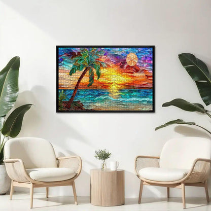 ColorFlow |  Sunset Puzzle Tropical Beach Scene Stained Glass Art Wooden Jigsaw Puzzle for Adults Glossy Premium Gift