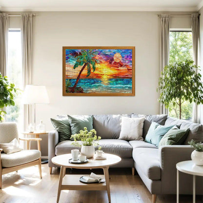 ColorFlow |  Sunset Puzzle Tropical Beach Scene Stained Glass Art Wooden Jigsaw Puzzle for Adults Glossy Premium Gift