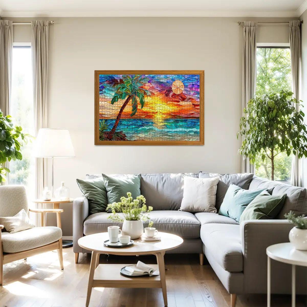 ColorFlow |  Sunset Puzzle Tropical Beach Scene Stained Glass Art Wooden Jigsaw Puzzle for Adults Glossy Premium Gift