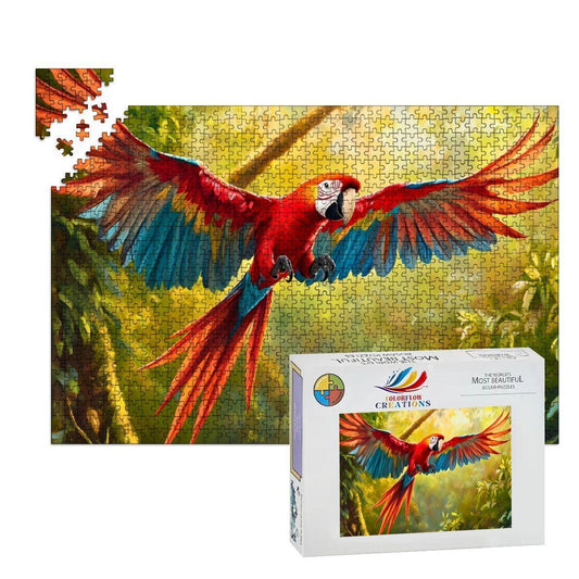 Scarlet Macaw Wooden Jigsaw Puzzle: Tropical Bird Jungle Art,
