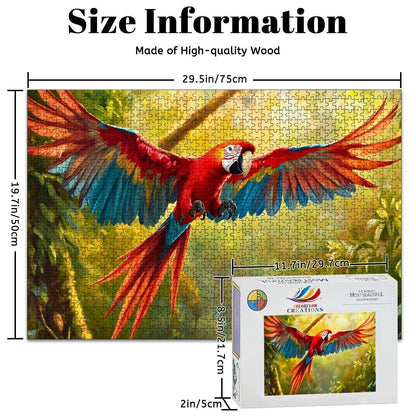 Scarlet Macaw Wooden Jigsaw Puzzle: Tropical Bird Jungle Art,