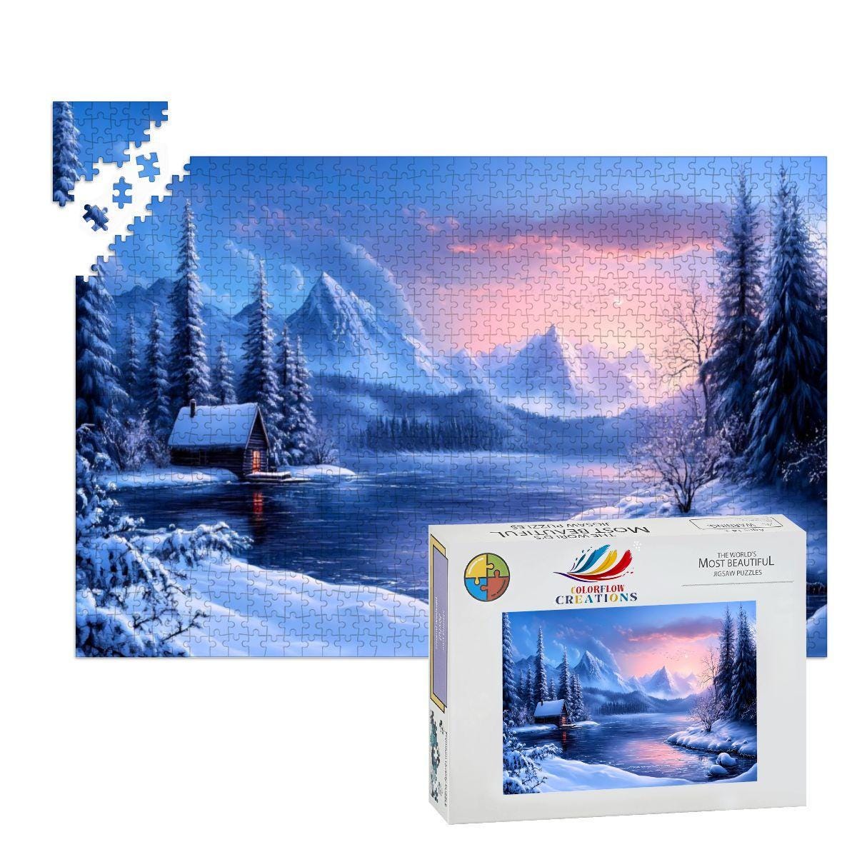 Winter Cabin Wooden Jigsaw Puzzle: Cozy Mountain Lake Sunset Scene