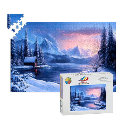 Winter Cabin Wooden Jigsaw Puzzle: Cozy Mountain Lake Sunset Scene