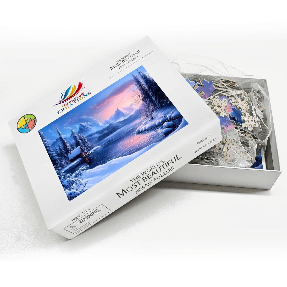 Winter Cabin Wooden Jigsaw Puzzle: Cozy Mountain Lake Sunset Scene