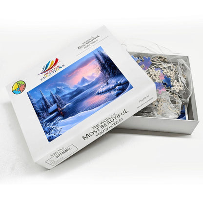 Winter Cabin Wooden Jigsaw Puzzle: Cozy Mountain Lake Sunset Scene